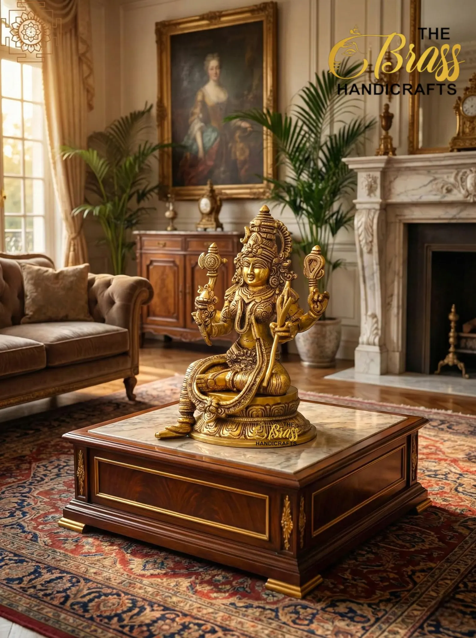 il_1588xN7655146347_7x2y - thebrasshandicrafts.com Golden ornate Hindu statue on a glass-topped coffee table in a luxurious room with antique furniture and a large framed portrait in the background, plus a logo. thebrasshandicrafts.com