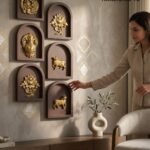Beige-walled living room with brown arched display panels featuring gold reliefs; a woman adjusts them at the wall.  thebrasshandicrafts.com