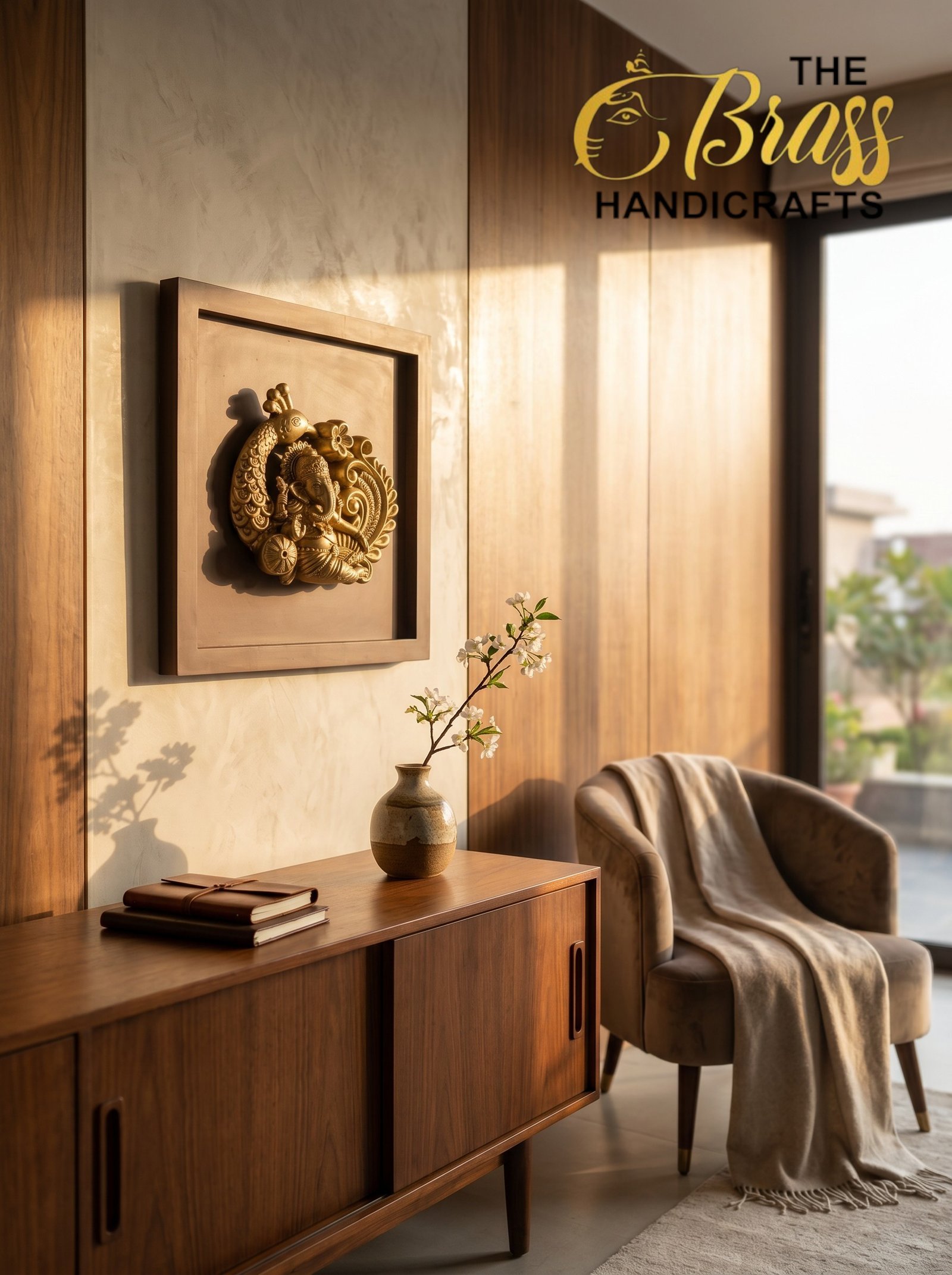 Ganesha 1 - thebrasshandicrafts.com Wooden sideboard against a wood-paneled wall, with a gold decorative relief and a vase of white blossoms on top. thebrasshandicrafts.com