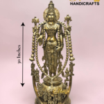 Brass Hindu deity statue with multiple arms and ornate jewelry, shown with 30 in tall and 13 in wide measurement arrows. The Brass Handicrafts logo is in the corner.  thebrasshandicrafts.com