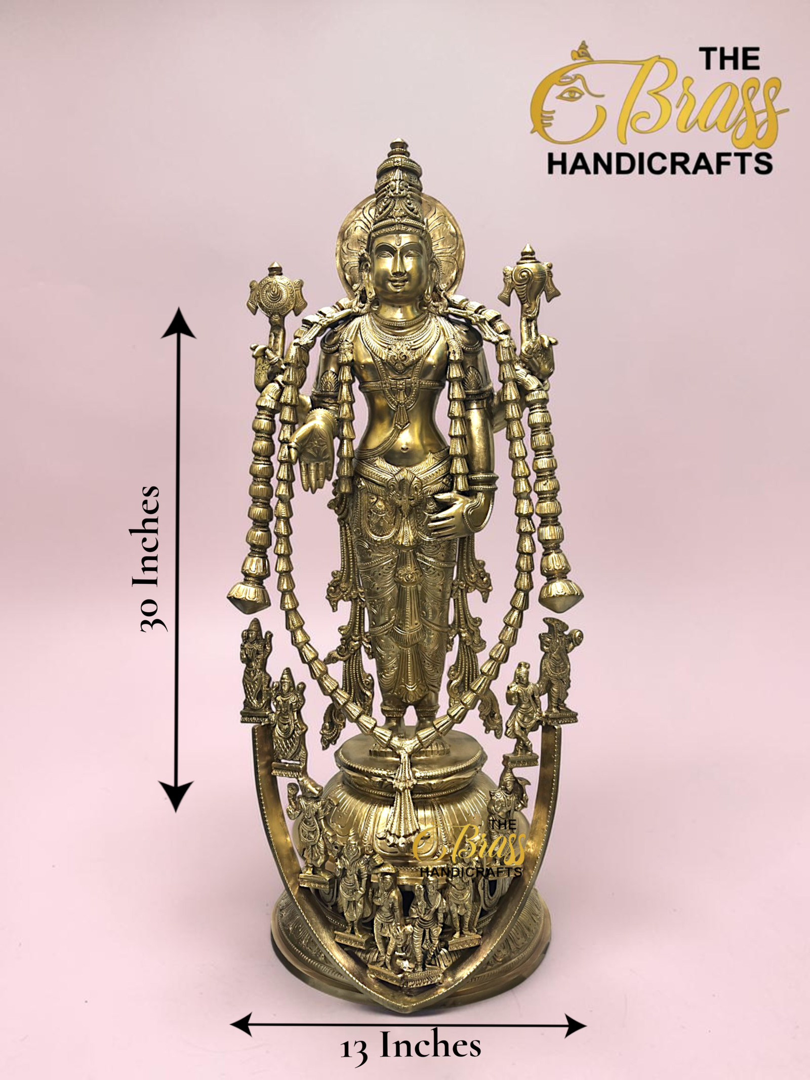 Brass Hindu deity statue with multiple arms and ornate jewelry, shown with 30 in tall and 13 in wide measurement arrows. The Brass Handicrafts logo is in the corner.  thebrasshandicrafts.com