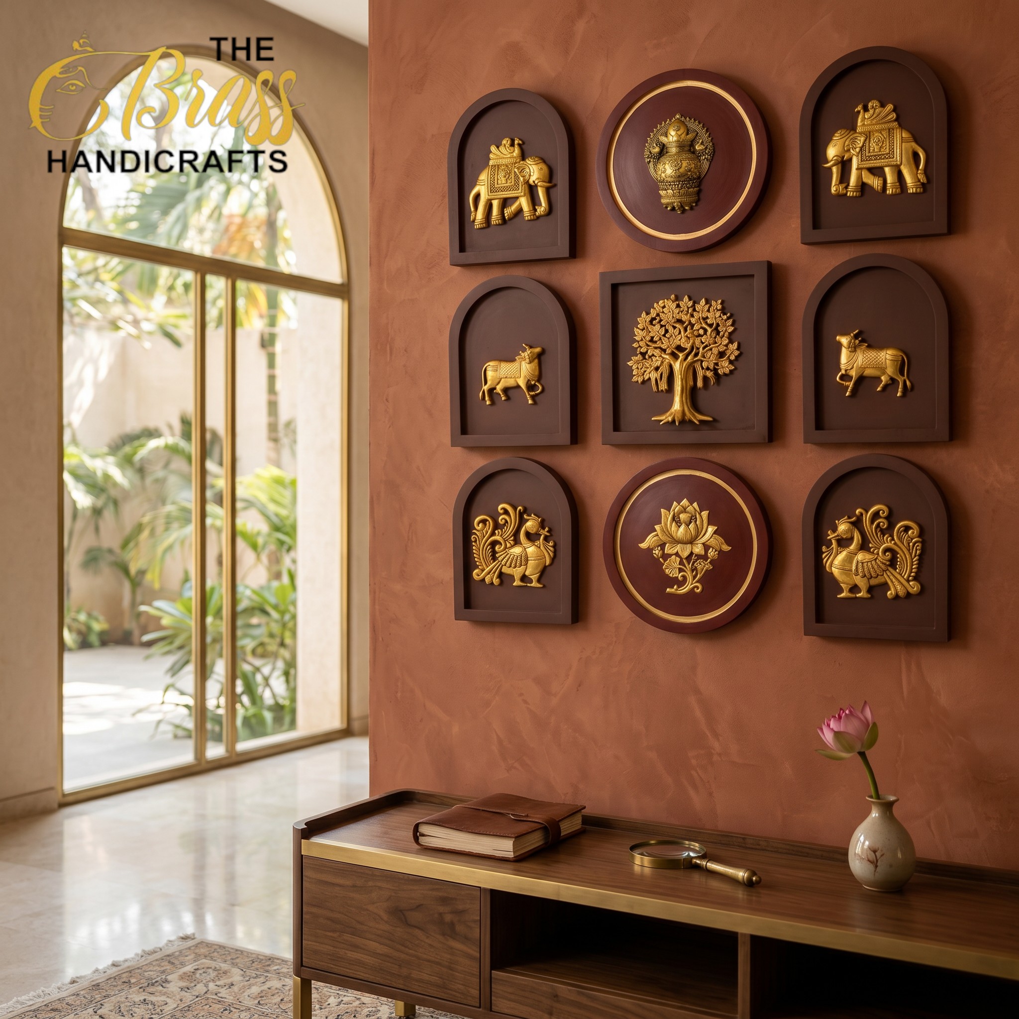 Left side shows 'The Boss Handicrafts' sign by a window; gold wall plaques of elephant and tree on brown panels.  thebrasshandicrafts.com