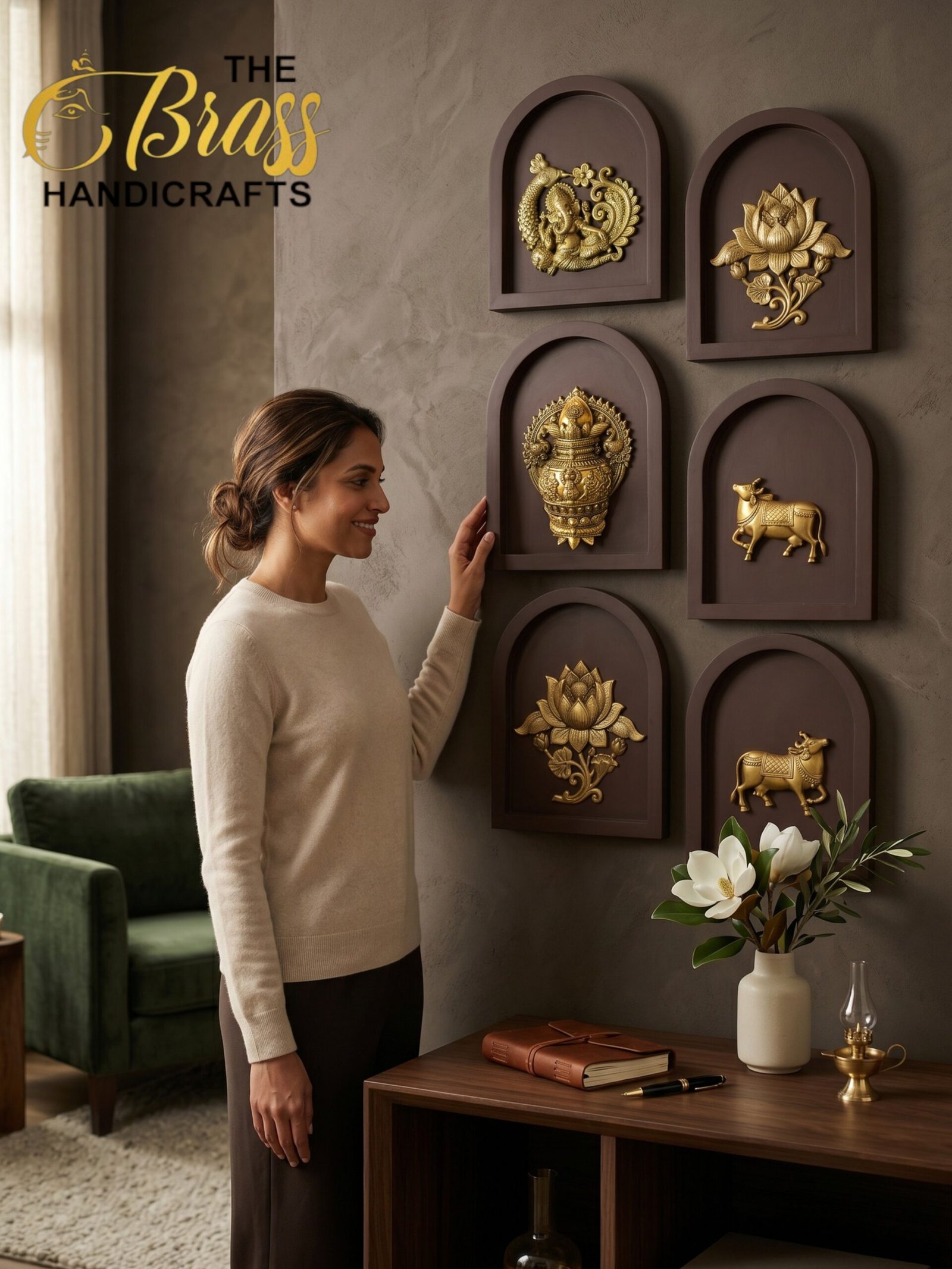 sampada - thebrasshandicrafts.com Woman in a beige sweater admires gold decorative reliefs mounted on a brown wall, with 'The Brass Handicrafts' logo in the top left corner. thebrasshandicrafts.com