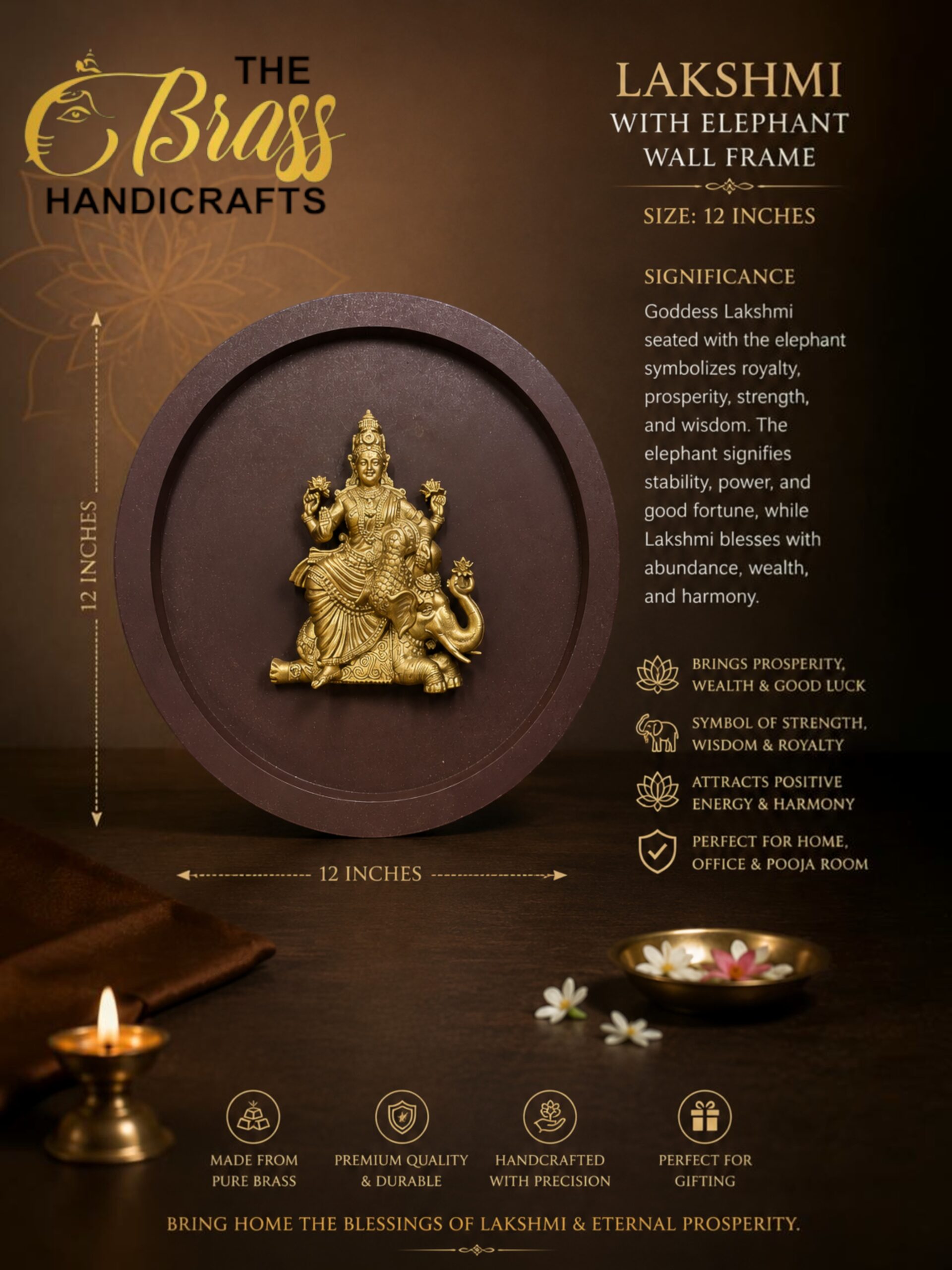 Samudra Manthan 2 - thebrasshandicrafts.com Bronze-gold Lakshmi statue in a circular display with a brown backdrop, promotional text about brass handicrafts and craftsmanship. thebrasshandicrafts.com