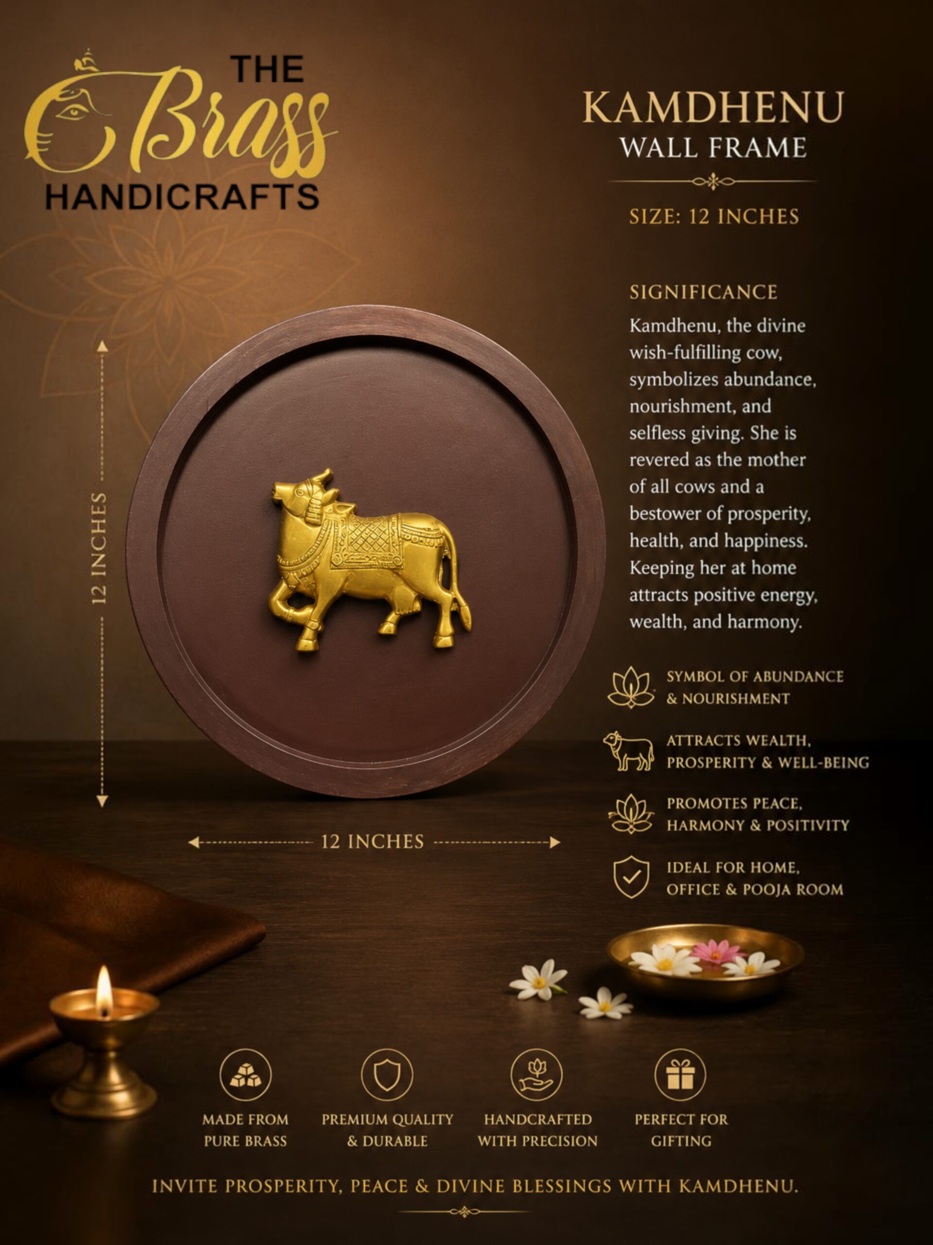 Samudra Manthan 3 - thebrasshandicrafts.com Gold cow figurine mounted in a circular display against a brown background; part of a Kamdhenu wall frame advertisement emphasizing abundance and prosperity. thebrasshandicrafts.com
