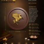 Samudra Manthan 4 - thebrasshandicrafts.com Gold-winged horse medallion in a circular frame on a brown poster advertising a 12-inch brass wall frame. thebrasshandicrafts.com