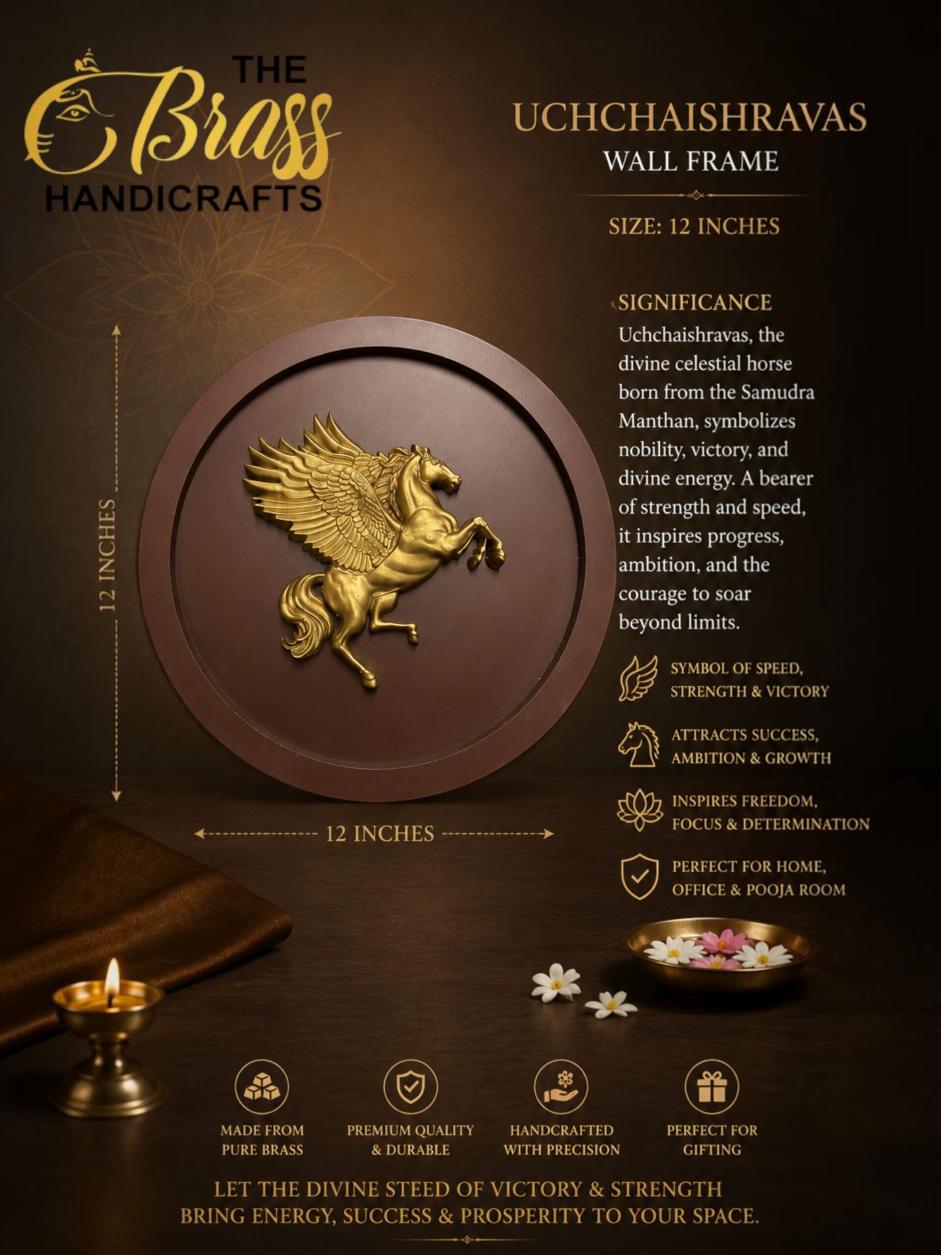 Samudra Manthan 4 - thebrasshandicrafts.com Gold-winged horse medallion in a circular frame on a brown poster advertising a 12-inch brass wall frame. thebrasshandicrafts.com