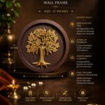 Samudra Manthan 5 - thebrasshandicrafts.com Gold Kalpavriksha tree in a circular frame on a brown promotional poster, highlighting a 12-inch wall frame size. thebrasshandicrafts.com
