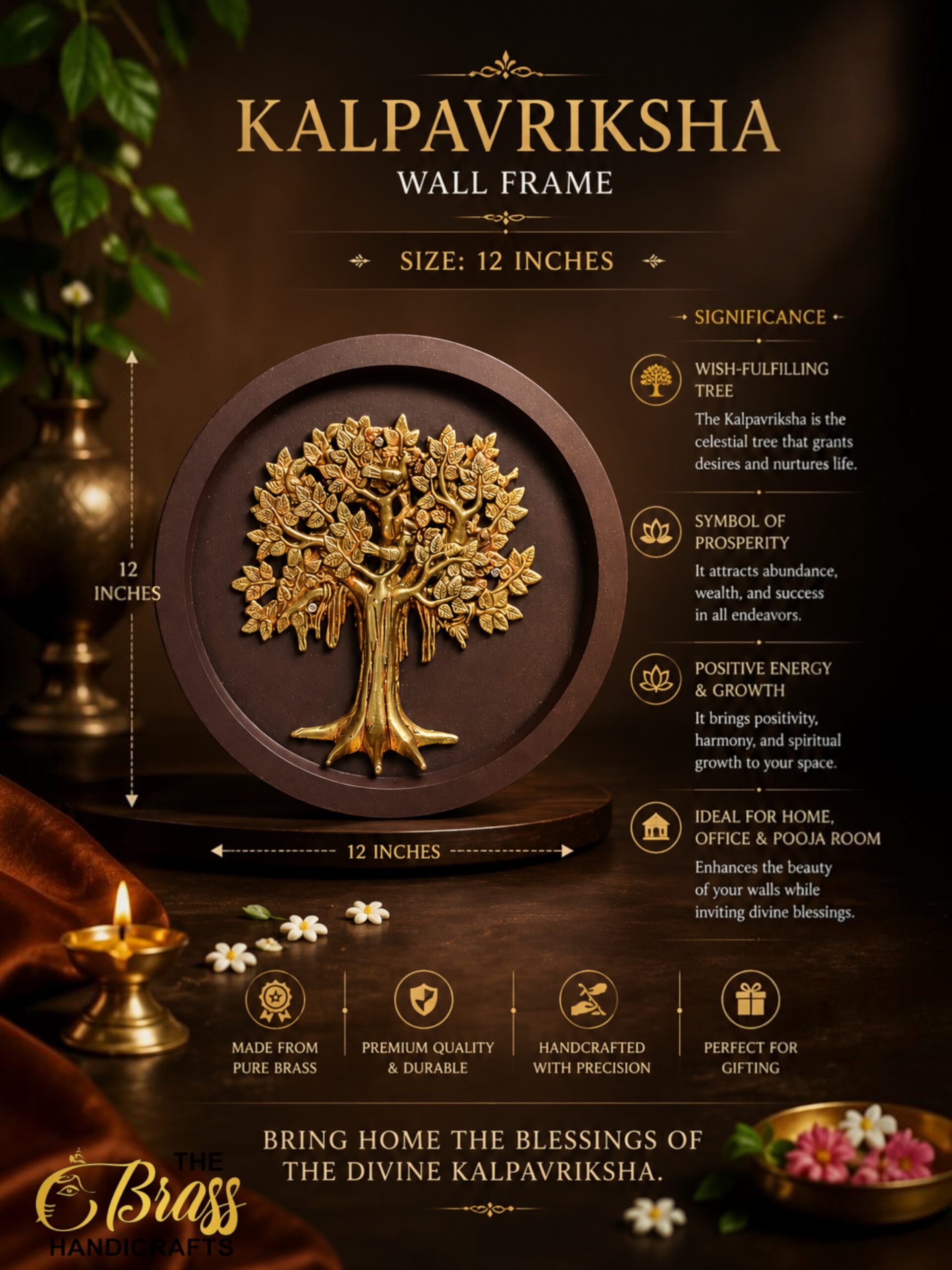Samudra Manthan 5 - thebrasshandicrafts.com Gold Kalpavriksha tree in a circular frame on a brown promotional poster, highlighting a 12-inch wall frame size. thebrasshandicrafts.com