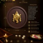 Samudra Manthan 6 - thebrasshandicrafts.com Decorative gold conch shell inside a 12-inch brown wall frame; infographic about The Shankh Wall Frame and its significance. thebrasshandicrafts.com