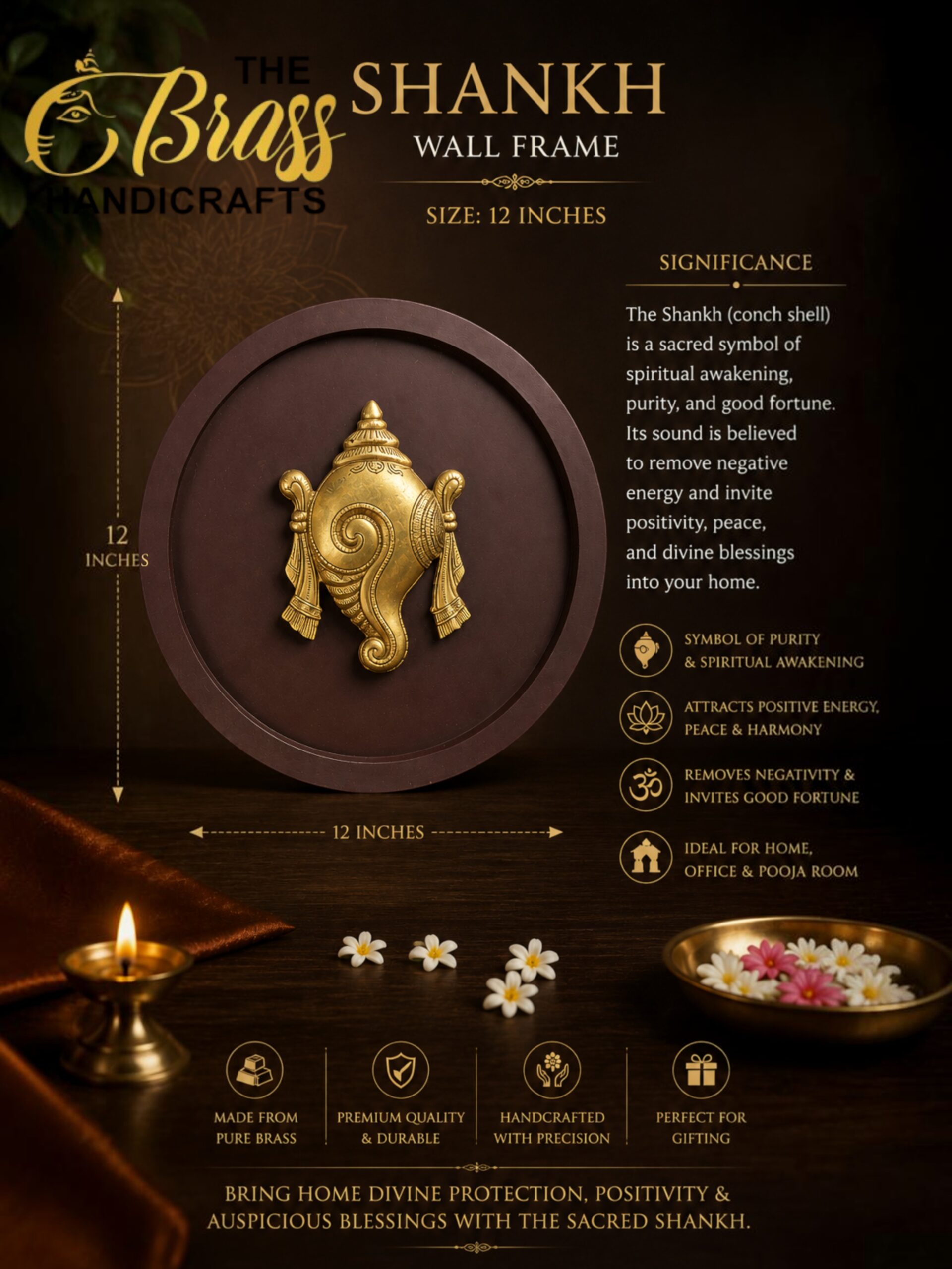 Samudra Manthan 6 - thebrasshandicrafts.com Decorative gold conch shell inside a 12-inch brown wall frame; infographic about The Shankh Wall Frame and its significance. thebrasshandicrafts.com