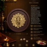 Samudra Manthan 7 - thebrasshandicrafts.com Decorative display of a gold elephant wall frame with intricate mandala design, against a dark brown background showing product details about size and symbolism. thebrasshandicrafts.com