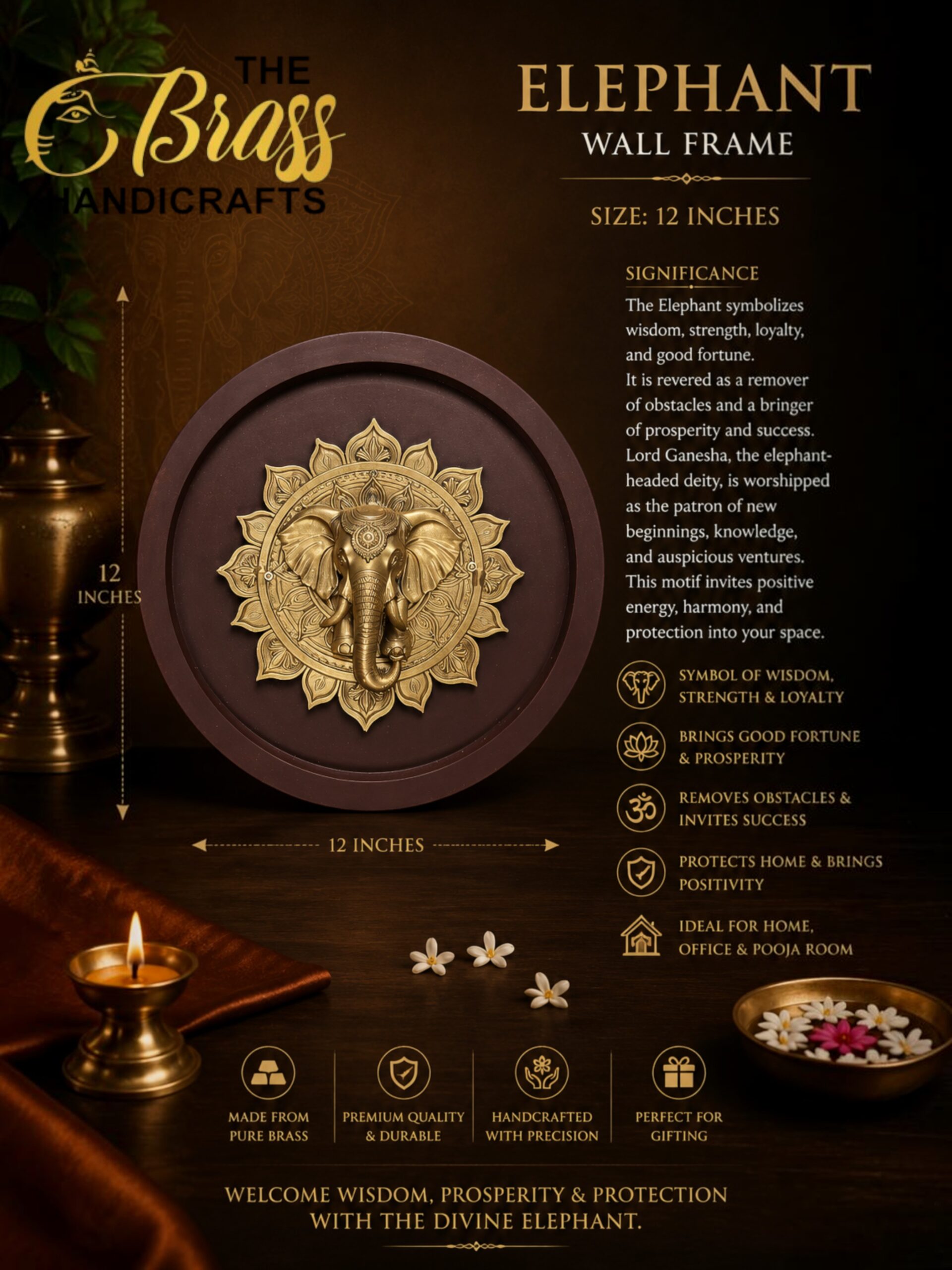 Samudra Manthan 7 - thebrasshandicrafts.com Decorative display of a gold elephant wall frame with intricate mandala design, against a dark brown background showing product details about size and symbolism. thebrasshandicrafts.com