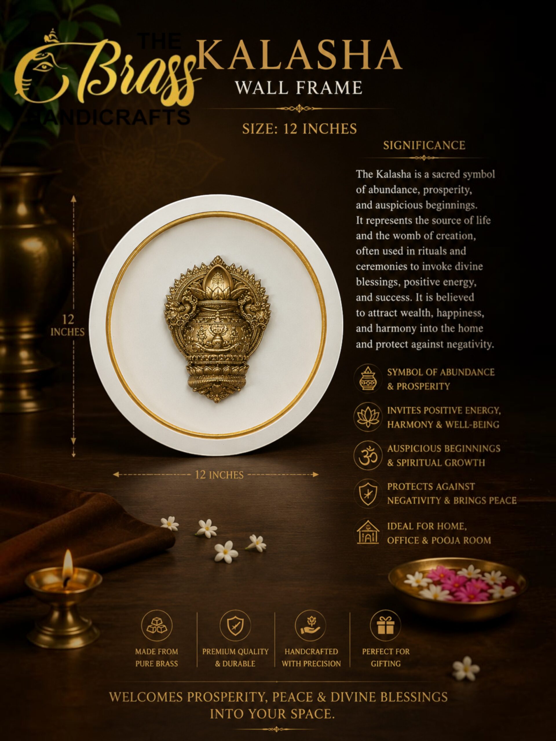 Samudra Manthan 8 - thebrasshandicrafts.com Infographic of a brass Kalasha wall frame, 12 inches tall, with a decorative vessel and gold text on a dark background (product brochure). thebrasshandicrafts.com
