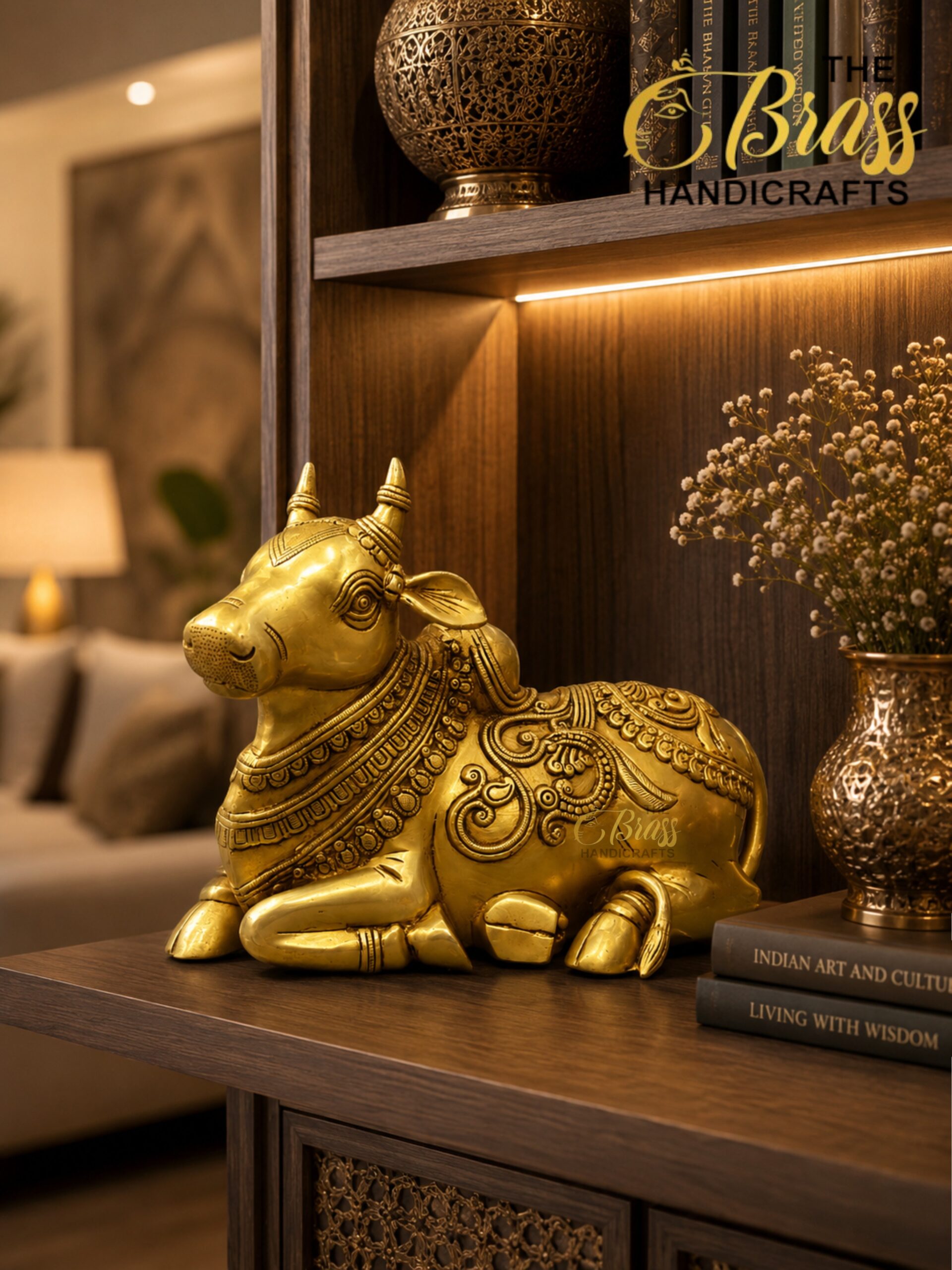 nandi 3 - thebrasshandicrafts.com Gold ornate Foo Dog statue on a dark wood shelf with warm lighting, beside dried flowers and stacked books. thebrasshandicrafts.com
