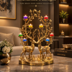 Gold brass deer candle centerpiece with multiple small colored candles on a marble table in an elegant living room setting.  thebrasshandicrafts.com