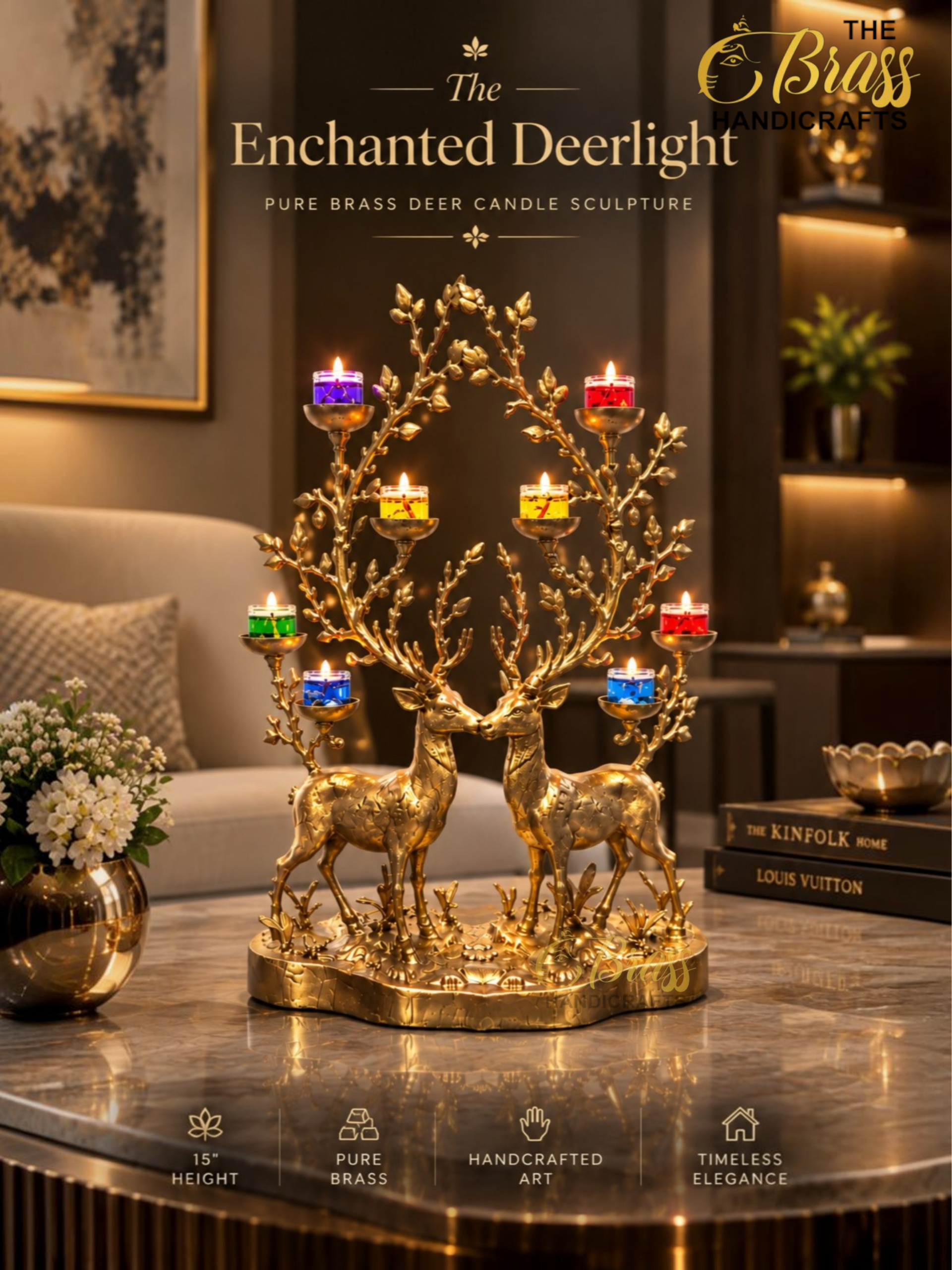 Gold brass deer candle centerpiece with multiple small colored candles on a marble table in an elegant living room setting.  thebrasshandicrafts.com