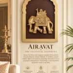 Airavat_ The Celestial Elephant - thebrasshandicrafts.com Gold-toned embossed elephant statue mounted in a decorative arch frame on a beige wall, part of a display about Airavat, the celestial elephant. thebrasshandicrafts.com