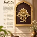 Amrit Kamal_ Divine Lotus Heritage - thebrasshandicrafts.com Gold lotus emblem mounted on a decorative panel beside branding text for Amrit Kamal on a beige wall. thebrasshandicrafts.com