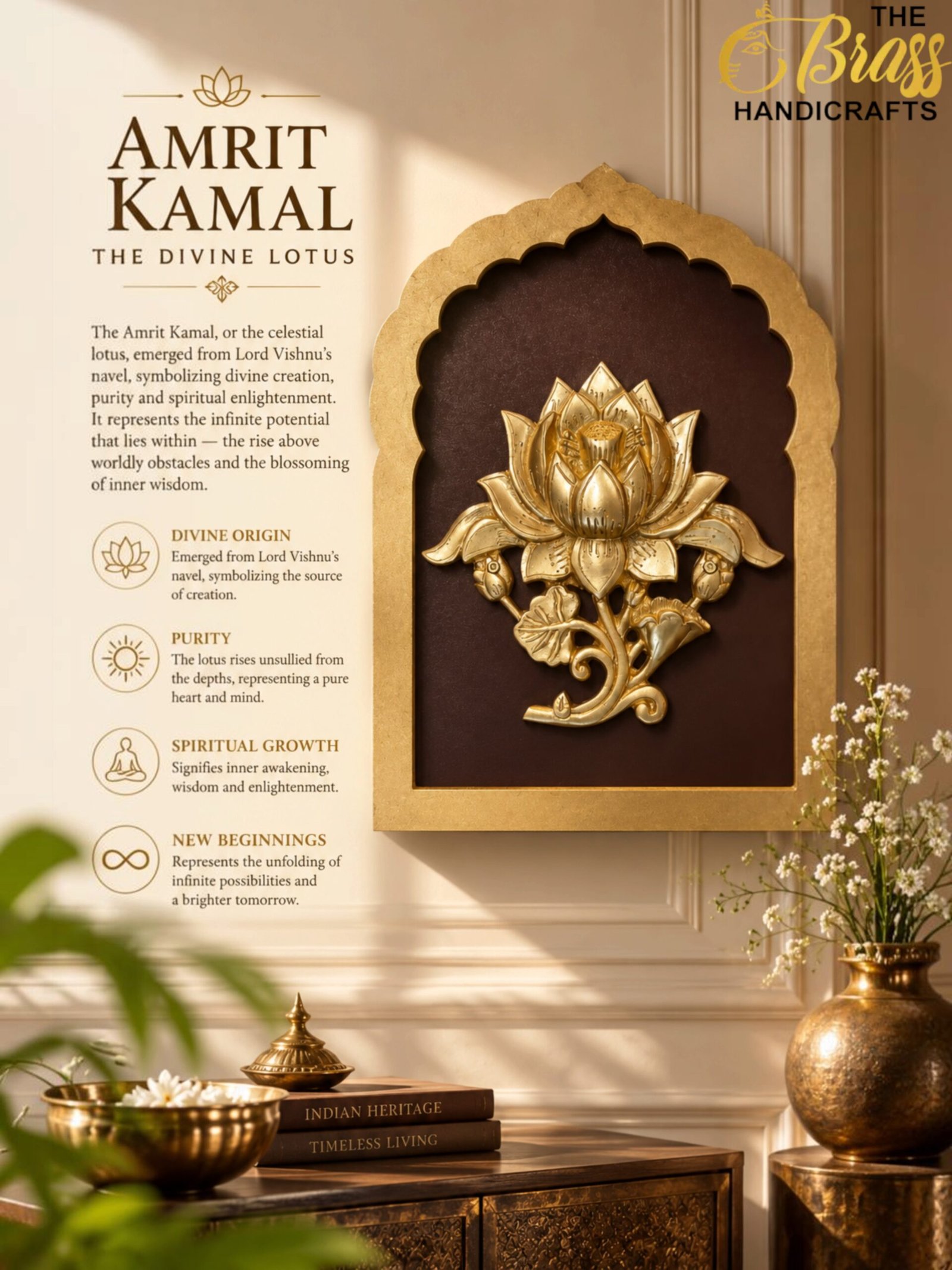 Amrit Kamal_ Divine Lotus Heritage - thebrasshandicrafts.com Gold lotus emblem mounted on a decorative panel beside branding text for Amrit Kamal on a beige wall. thebrasshandicrafts.com