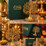 Diwali Brass Tree Gift Showcase 1 - thebrasshandicrafts.com Gold metal tree sculpture with ornate base beside a green gift box labeled The Brass Handicrafts, surrounded by candles and marigold flowers in a warm setting. thebrasshandicrafts.com
