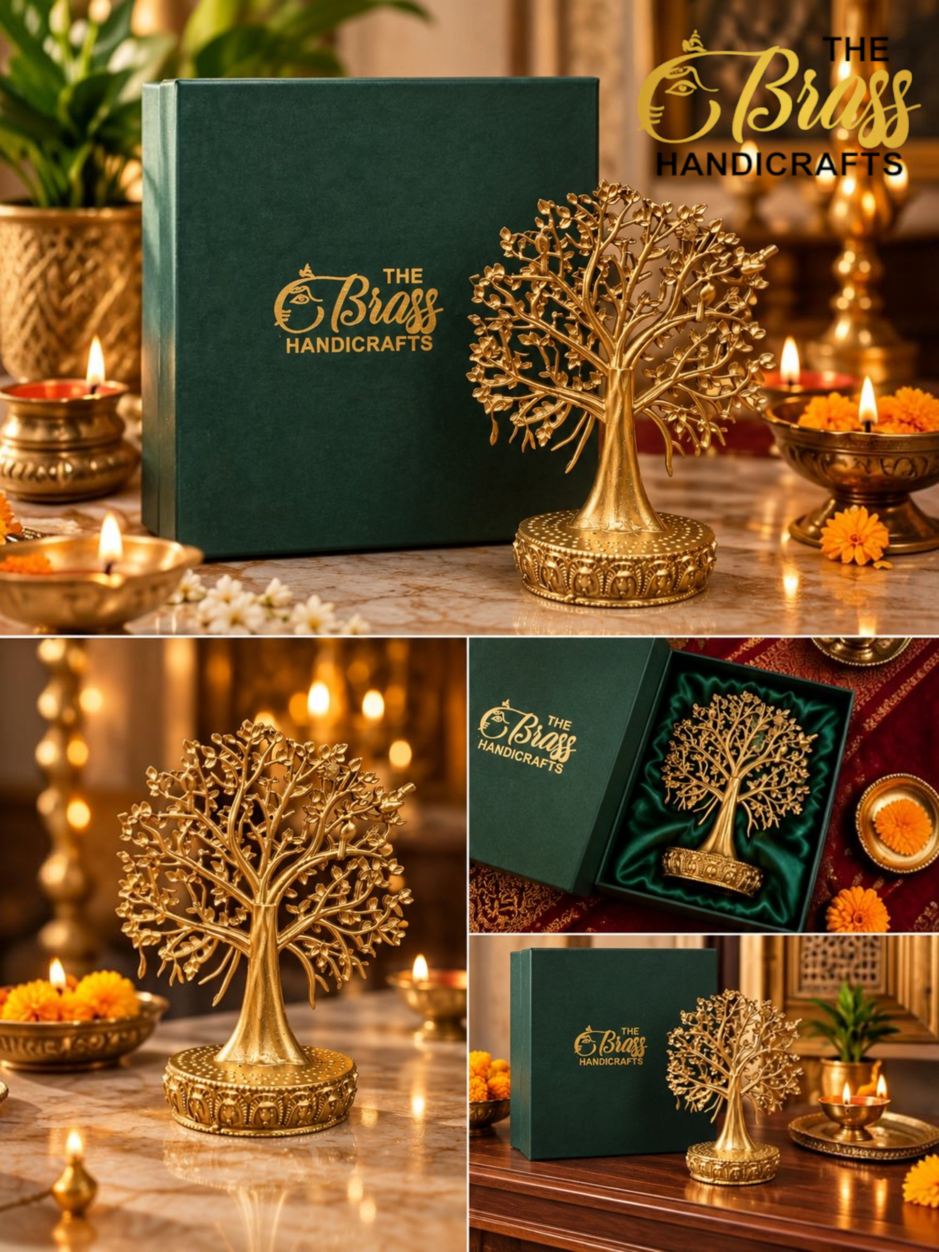 Diwali Brass Tree Gift Showcase 1 - thebrasshandicrafts.com Gold metal tree sculpture with ornate base beside a green gift box labeled The Brass Handicrafts, surrounded by candles and marigold flowers in a warm setting. thebrasshandicrafts.com