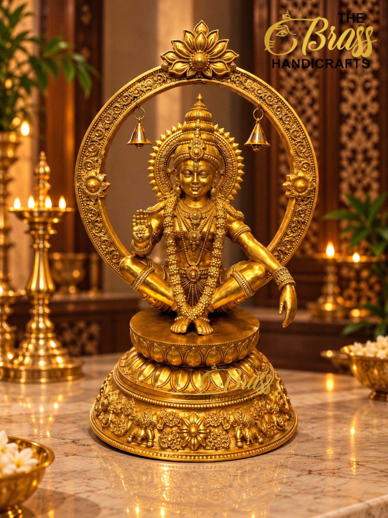 Golden Deity Altar with Lamps and Flowers - thebrasshandicrafts.com Golden statue of a Hindu deity seated in a detailed circular arch, with hanging bells and ornate floral engravings, on a marble altar. thebrasshandicrafts.com