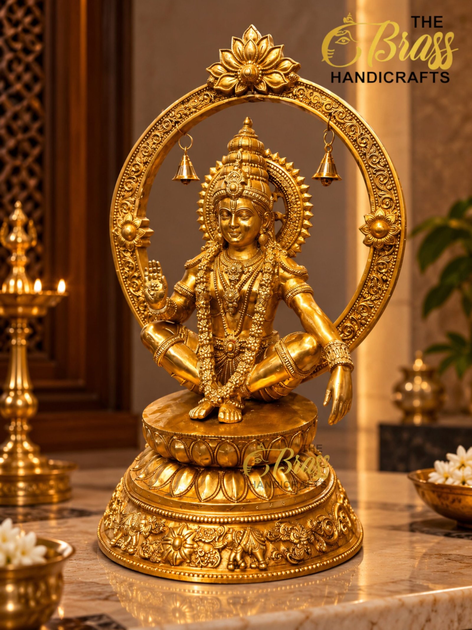 Golden Deity in a Temple Setting - thebrasshandicrafts.com Gold filigree statue of a Hindu deity inside a circular ornate frame, branded 'The Brass Handicrafts' in the corner thebrasshandicrafts.com