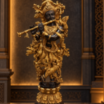 Golden Krishna Statue in a Temple Shrine - thebrasshandicrafts.com Ornate gold statue of a flute-playing Hindu deity, standing on a decorated pedestal in a warm-lit setting thebrasshandicrafts.com