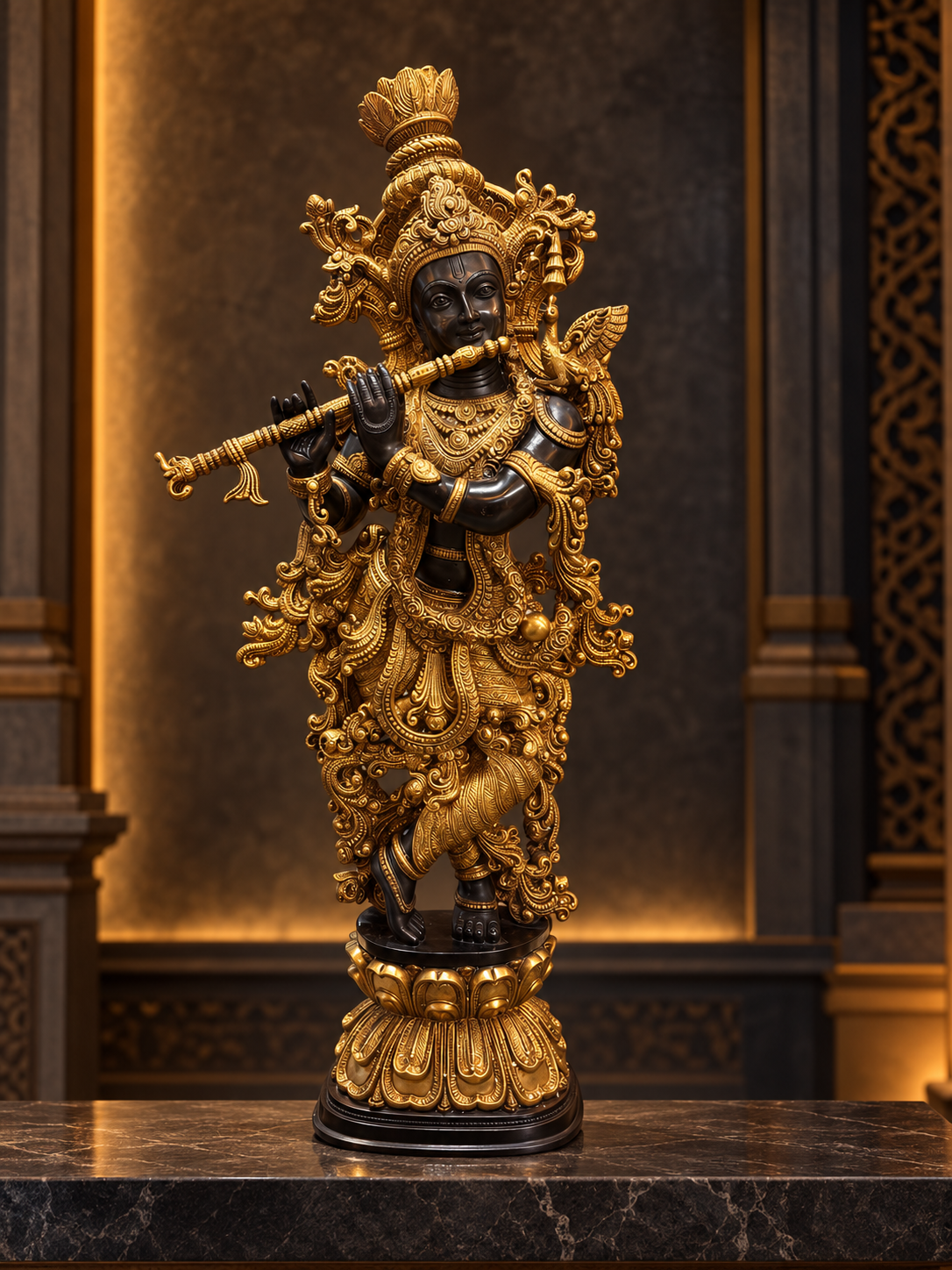 Golden Krishna Statue in a Temple Shrine - thebrasshandicrafts.com Ornate gold statue of a flute-playing Hindu deity, standing on a decorated pedestal in a warm-lit setting thebrasshandicrafts.com