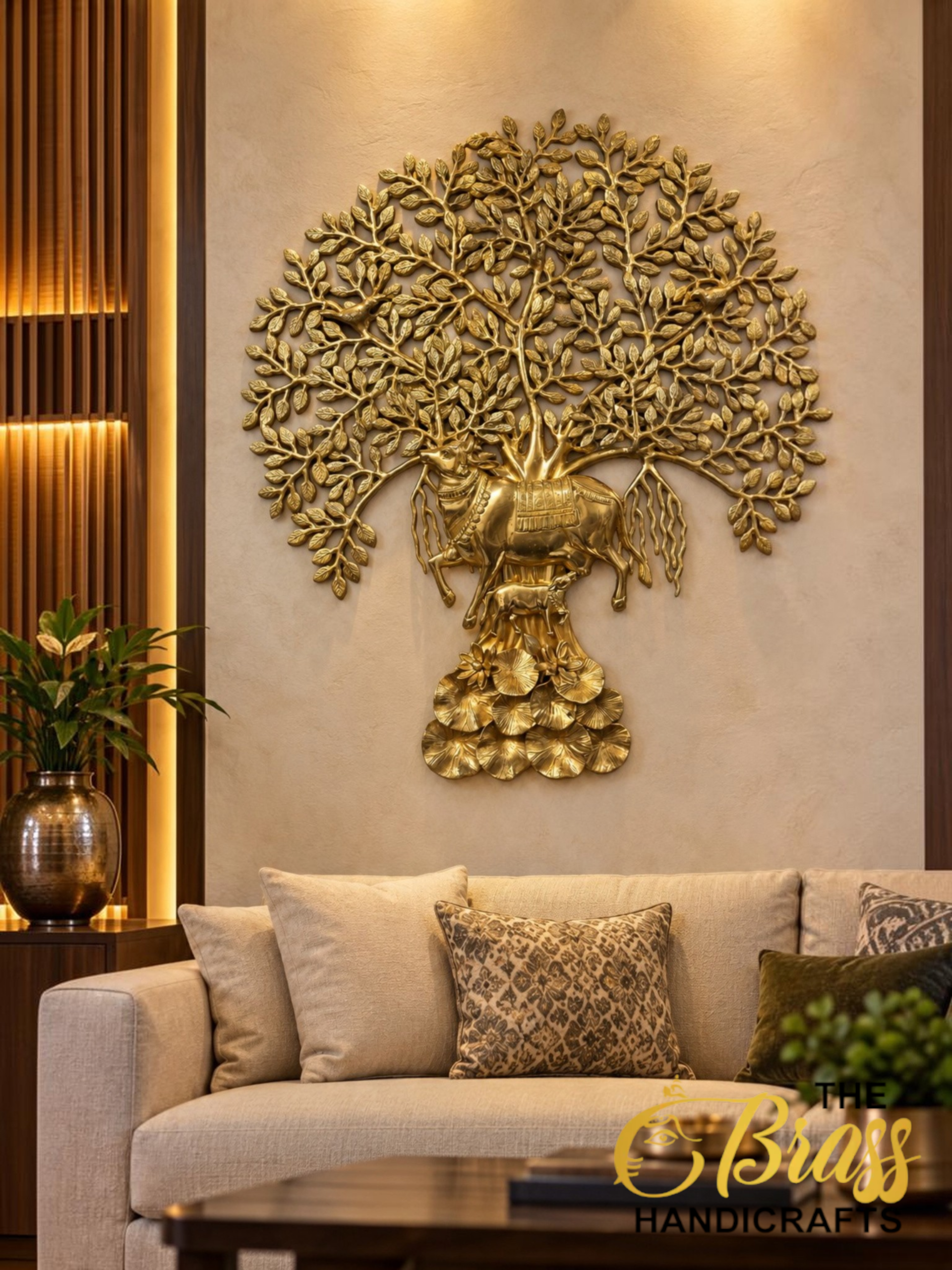 Golden Tree and Cow Wall Sculpture 1 - thebrasshandicrafts.com thebrasshandicrafts.com