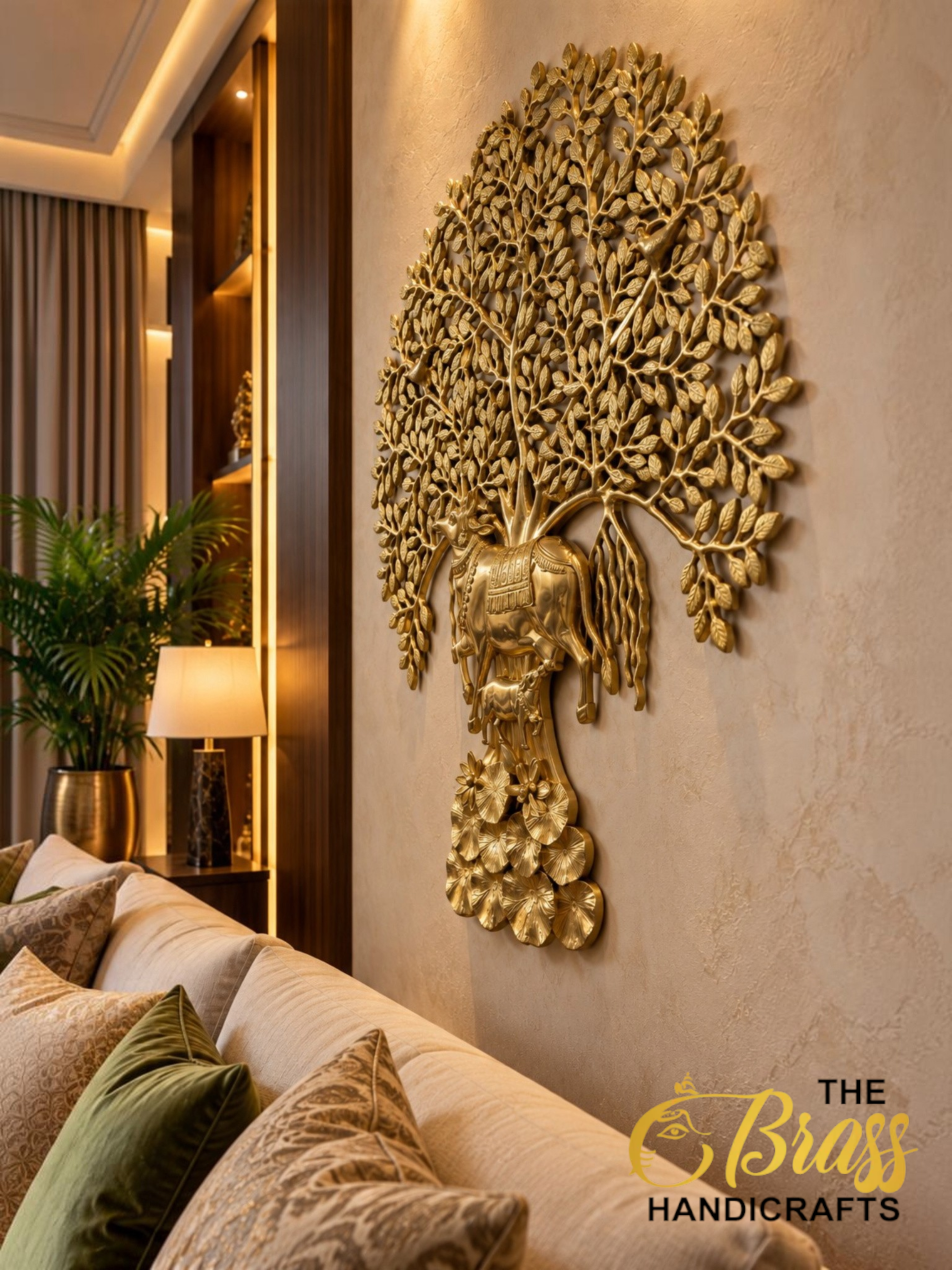 Golden Tree of Life in a Luxe Living Room 1 1 - thebrasshandicrafts.com Gold metal tree wall sculpture with intricate leaves on a beige wall beside a lamp and sofa in a luxurious living room. thebrasshandicrafts.com