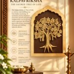 Kalpavriksha_ Sacred Tree of Life - thebrasshandicrafts.com Decorative display of Kalpavriksha, the tree of life, with a gold relief and an information panel alongside brass accents and books. thebrasshandicrafts.com