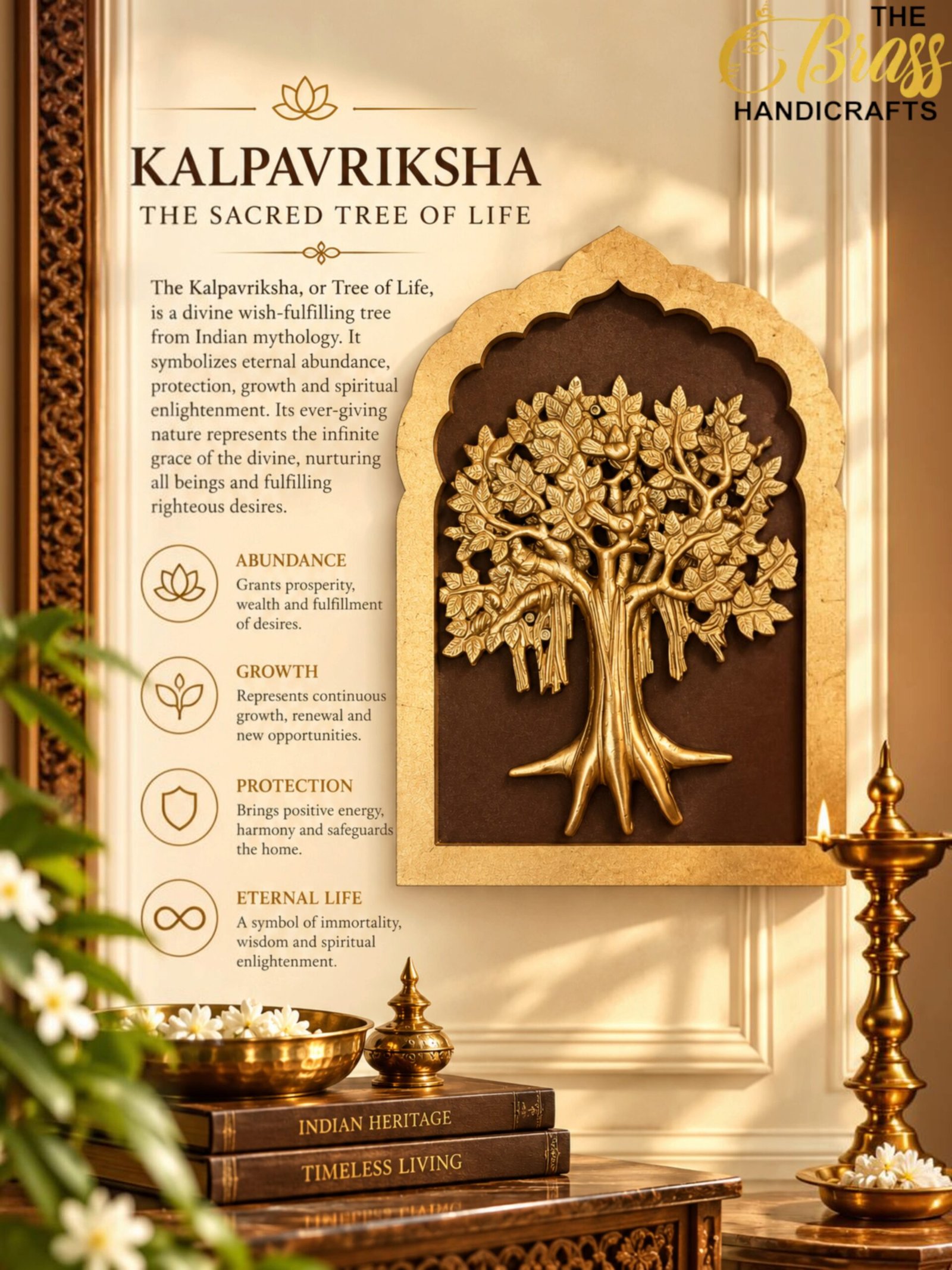 Kalpavriksha_ Sacred Tree of Life - thebrasshandicrafts.com Decorative display of Kalpavriksha, the tree of life, with a gold relief and an information panel alongside brass accents and books. thebrasshandicrafts.com
