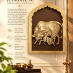 Kamdhenu_ Divine Cow and Calf Heritage Poster - thebrasshandicrafts.com Gold-toned cow and calf relief housed in an ornate arch, part of a Kamdhenu display with accompanying descriptive text on the left. thebrasshandicrafts.com