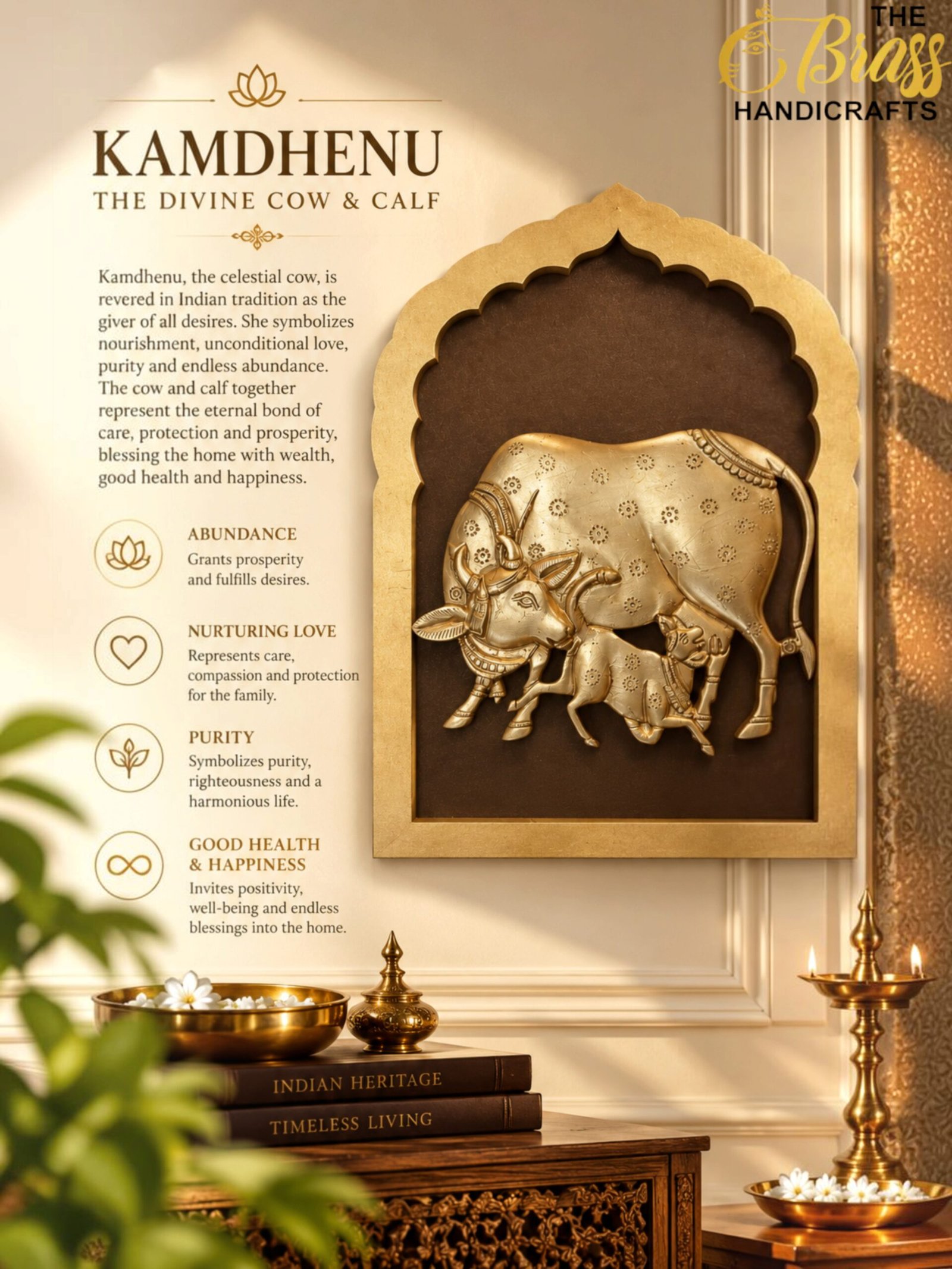 Kamdhenu_ Divine Cow and Calf Heritage Poster - thebrasshandicrafts.com Gold-toned cow and calf relief housed in an ornate arch, part of a Kamdhenu display with accompanying descriptive text on the left. thebrasshandicrafts.com