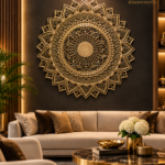 Luxurious living room with a large gold mandala wall art centerpiece above a beige sofa.  thebrasshandicrafts.com