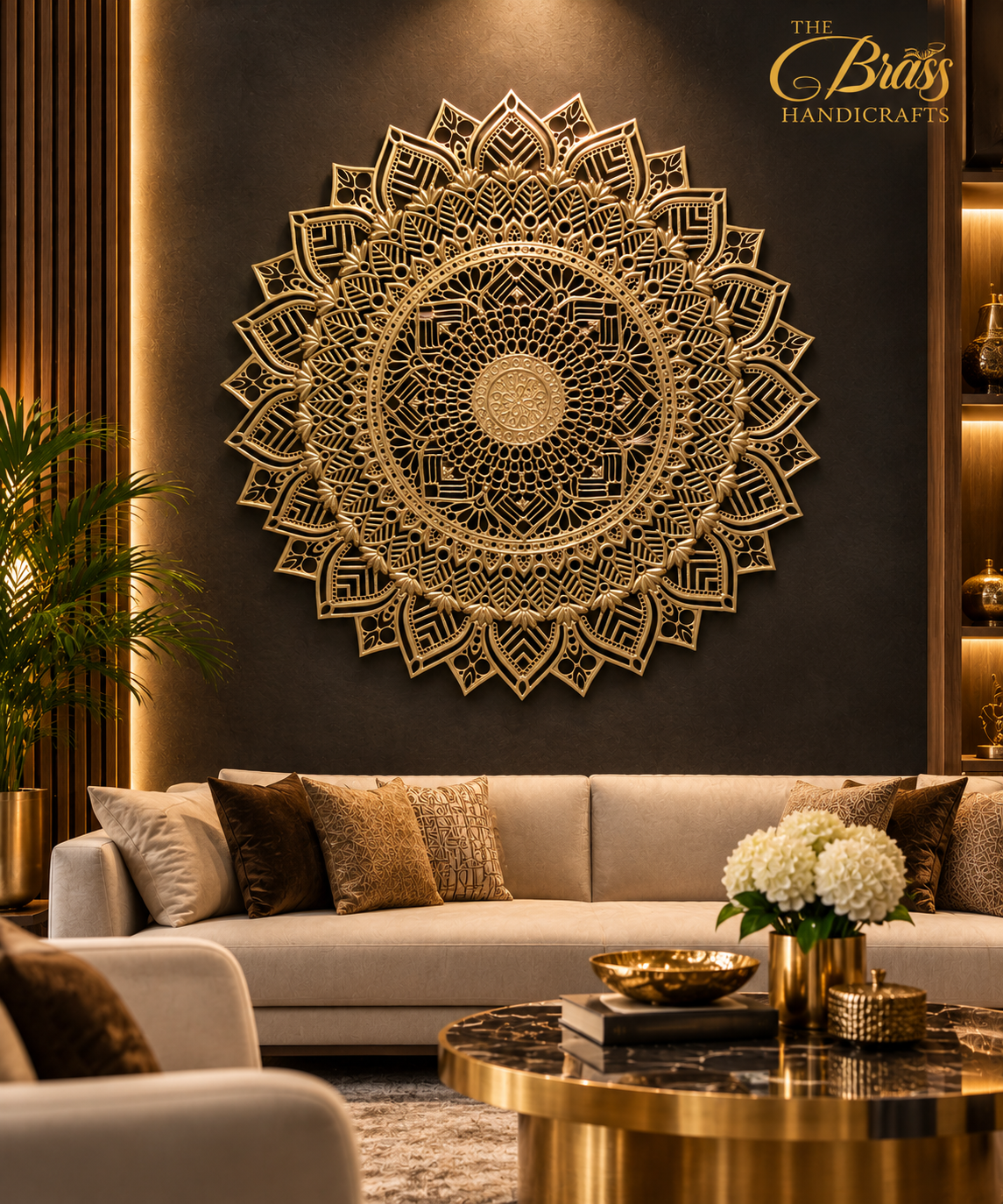 Luxurious Brass Mandala Living Room 1 - thebrasshandicrafts.com Luxurious living room with a large gold mandala wall art centerpiece above a beige sofa. thebrasshandicrafts.com