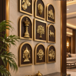 Nav Sampada 4 - thebrasshandicrafts.com Wall displaying gold brass reliefs in arched frames arranged in a grid, with a marble counter below and 'The Brass Handicrafts' logo in the top right. thebrasshandicrafts.com