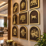 Nav Sampada 5 - thebrasshandicrafts.com Lobby/reception wall with nine gold relief plaques in arched frames mounted on a beige wall above a marble counter. thebrasshandicrafts.com