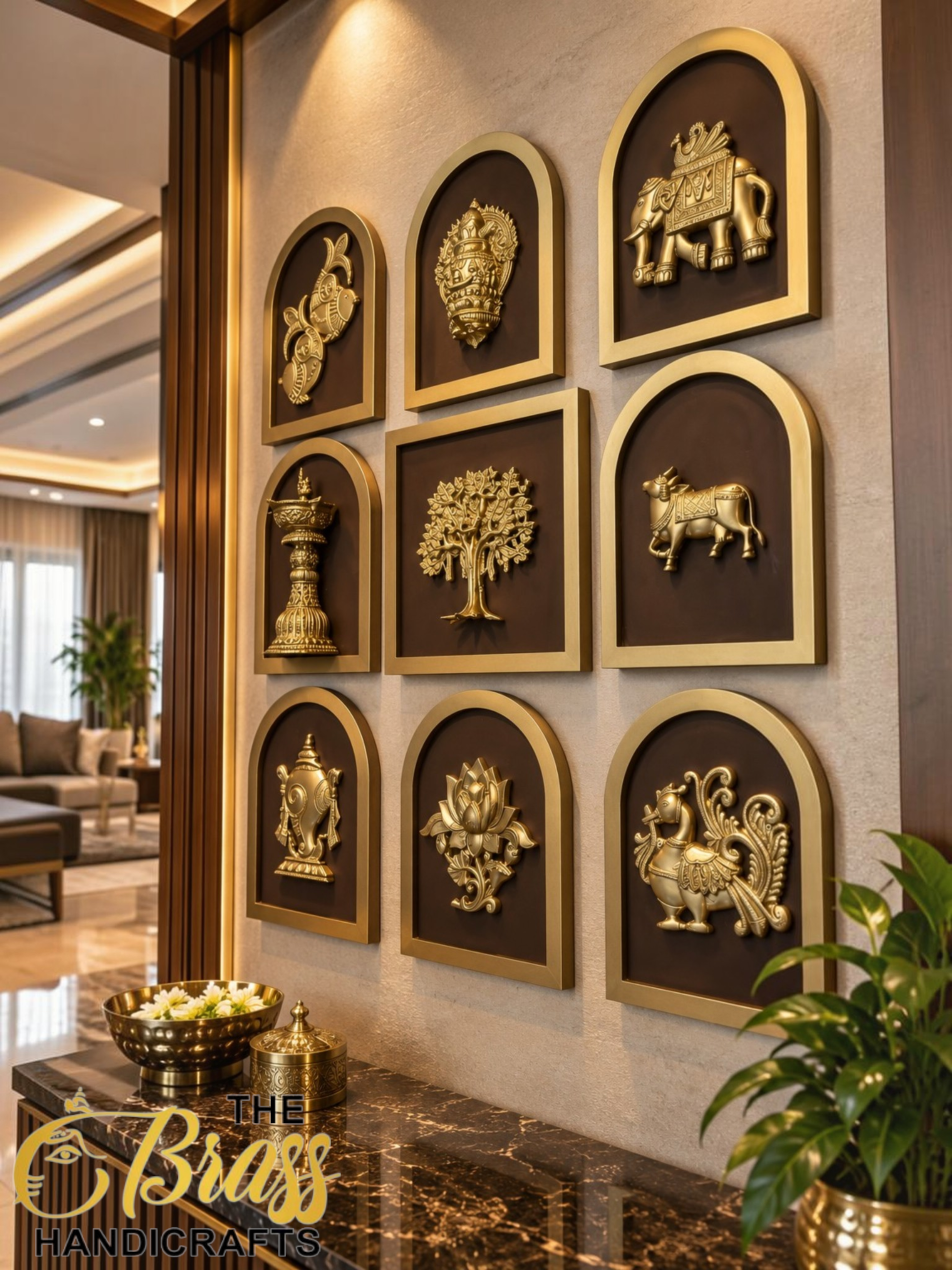 Nav Sampada 5 - thebrasshandicrafts.com Lobby/reception wall with nine gold relief plaques in arched frames mounted on a beige wall above a marble counter. thebrasshandicrafts.com