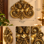 Ornate gold brass wall ornament with intricate swirling patterns and embossed details, 8 inches wide by 6 inches tall  thebrasshandicrafts.com
