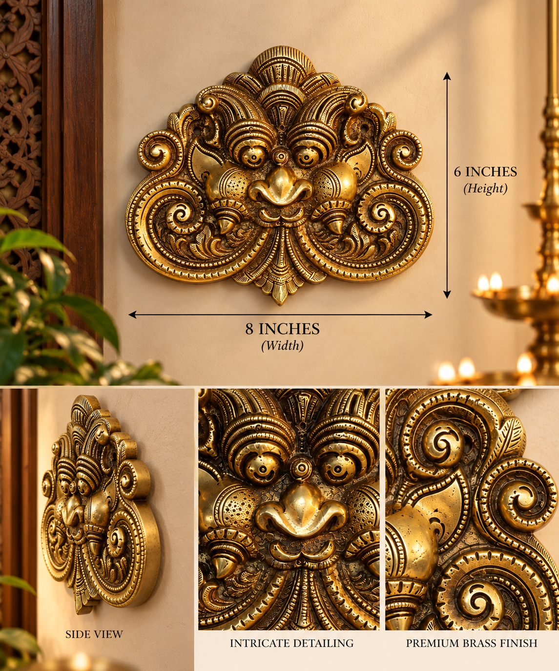 Ornate gold brass wall ornament with intricate swirling patterns and embossed details, 8 inches wide by 6 inches tall  thebrasshandicrafts.com