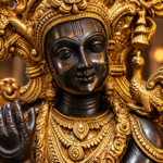 Ornate Golden Krishna Statue Close-Up - thebrasshandicrafts.com Bronze statue of a Hindu goddess with intricate gold jewelry and an ornate headdress, hand raised in blessing. thebrasshandicrafts.com
