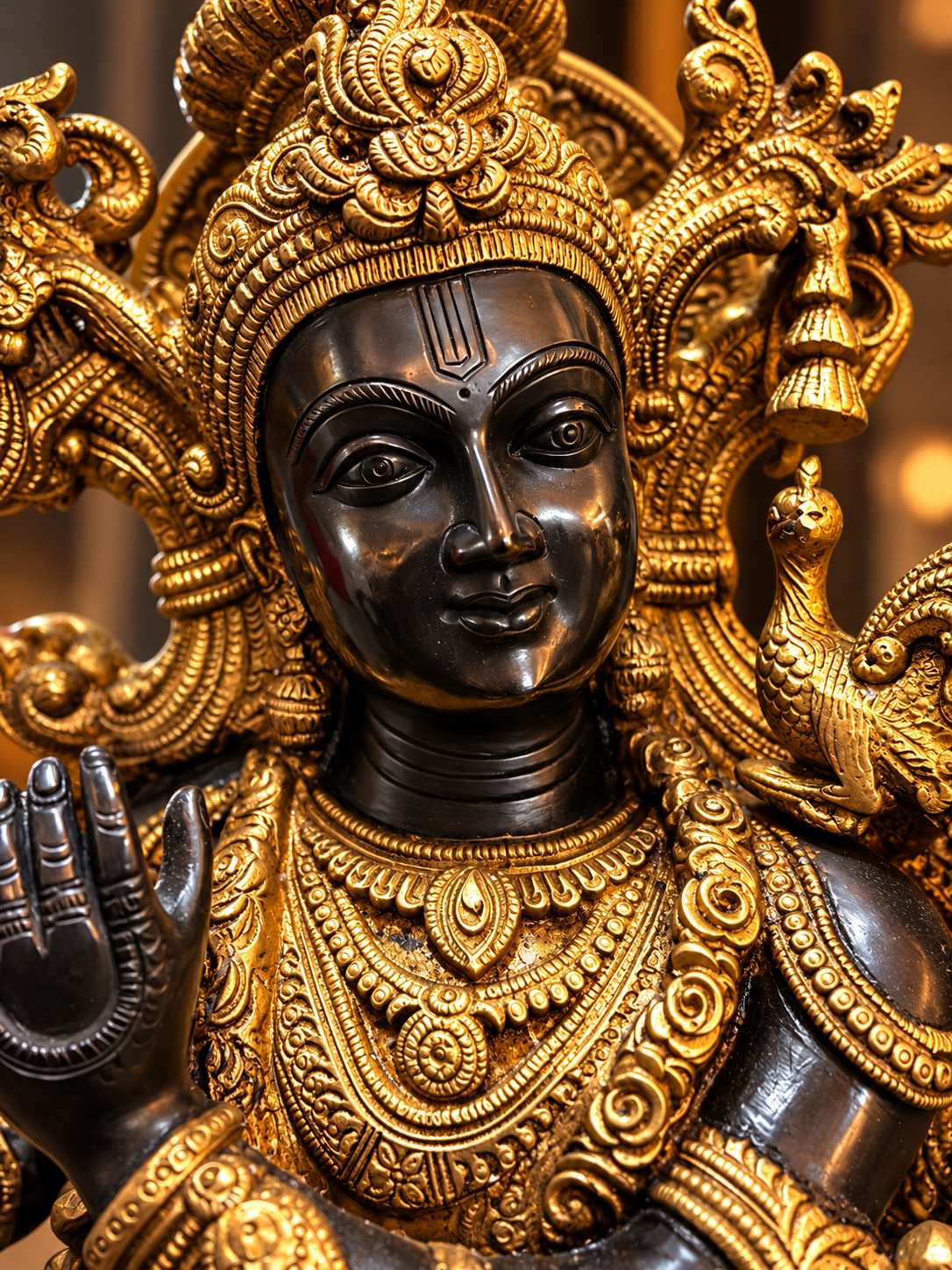 Ornate Golden Krishna Statue Close-Up - thebrasshandicrafts.com Bronze statue of a Hindu goddess with intricate gold jewelry and an ornate headdress, hand raised in blessing. thebrasshandicrafts.com