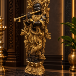 Ornate Krishna Statue in Golden Temple Light - thebrasshandicrafts.com Intricately gilded statue of a Hindu deity playing a flute, standing on a lotus pedestal in a luxurious temple interior thebrasshandicrafts.com
