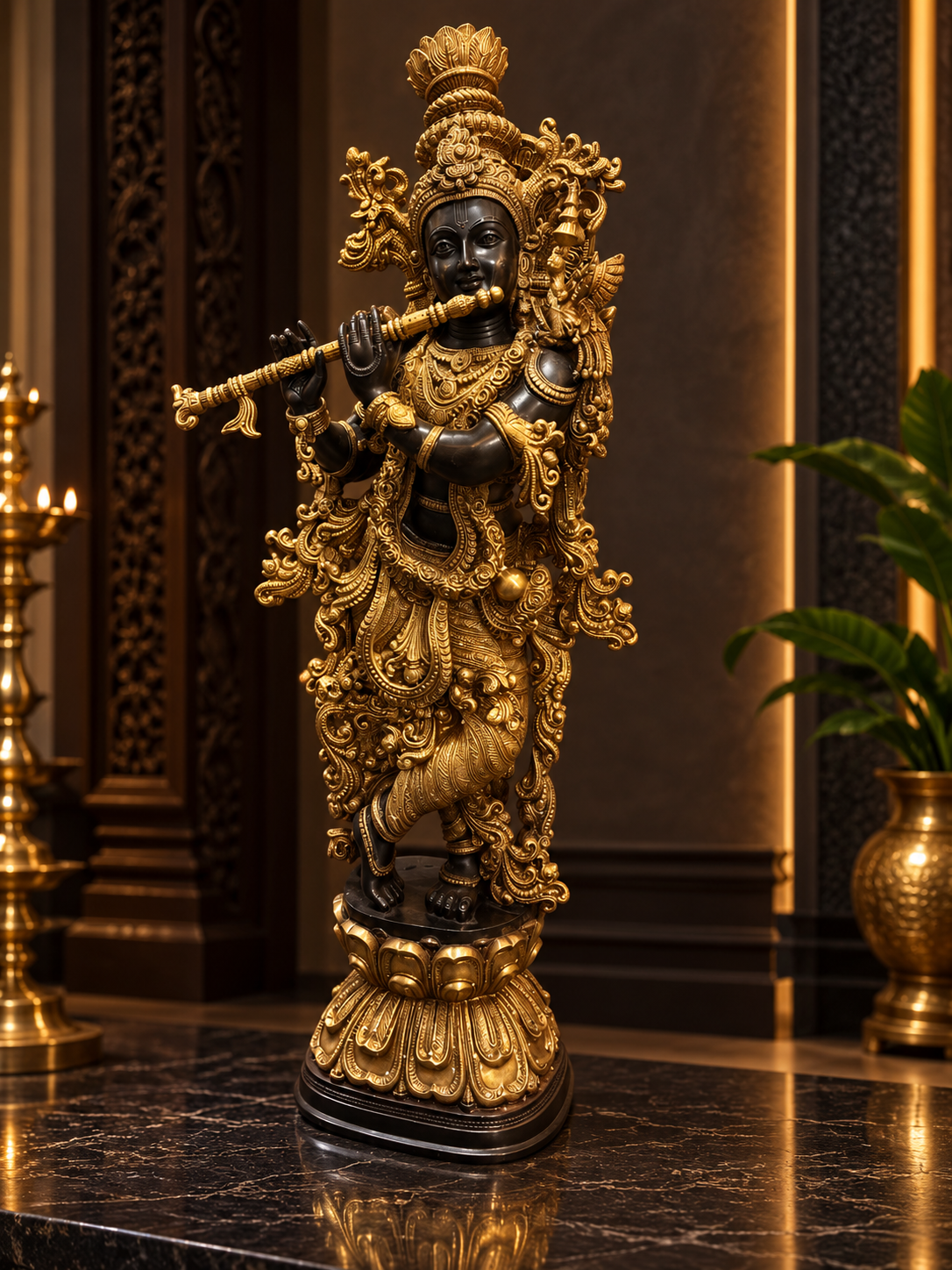 Ornate Krishna Statue in Golden Temple Light - thebrasshandicrafts.com Intricately gilded statue of a Hindu deity playing a flute, standing on a lotus pedestal in a luxurious temple interior thebrasshandicrafts.com