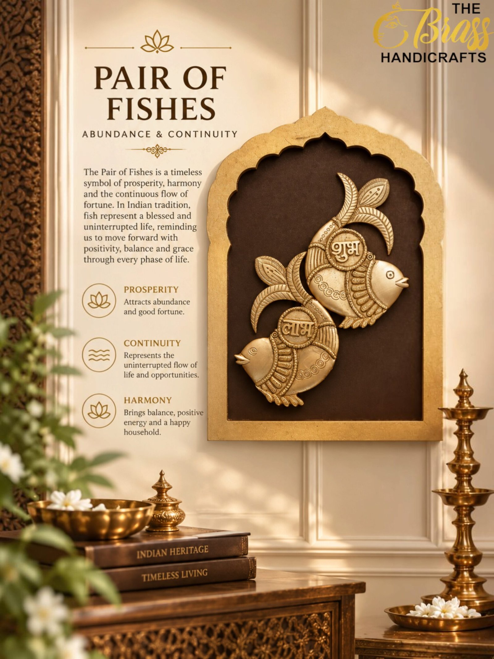Pair of Fishes_ Abundance and Continuity - thebrasshandicrafts.com Framed display titled “Pair of Fishes” with descriptive text about abundance and continuity, and a gold fish relief beside it (The Brass Handicrafts logo visible). thebrasshandicrafts.com