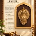 Samudra Manthan Kalash Heritage Display - thebrasshandicrafts.com Gold decorative plaque featuring a temple urn, with text about Samudra Manthan Kalash and Amrit, framed in gold with a nearby brass candlestick. thebrasshandicrafts.com