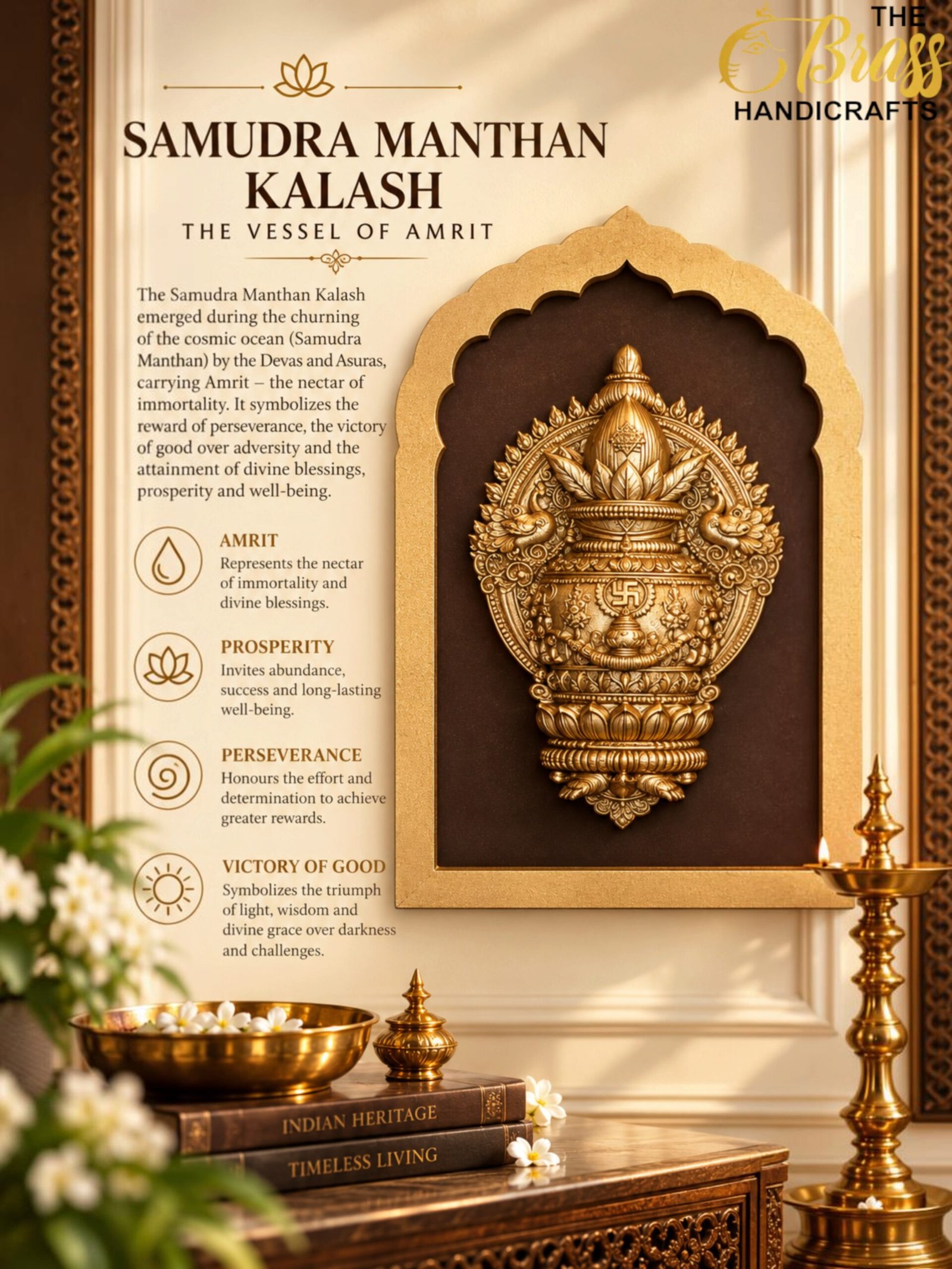 Samudra Manthan Kalash Heritage Display - thebrasshandicrafts.com Gold decorative plaque featuring a temple urn, with text about Samudra Manthan Kalash and Amrit, framed in gold with a nearby brass candlestick. thebrasshandicrafts.com